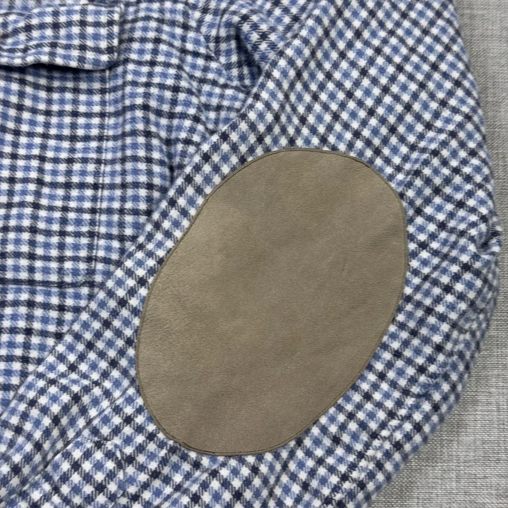 Ralph Lauren Flannel Button Shirt Mens Medium Blue Check Long Sleeve Suede Elbow